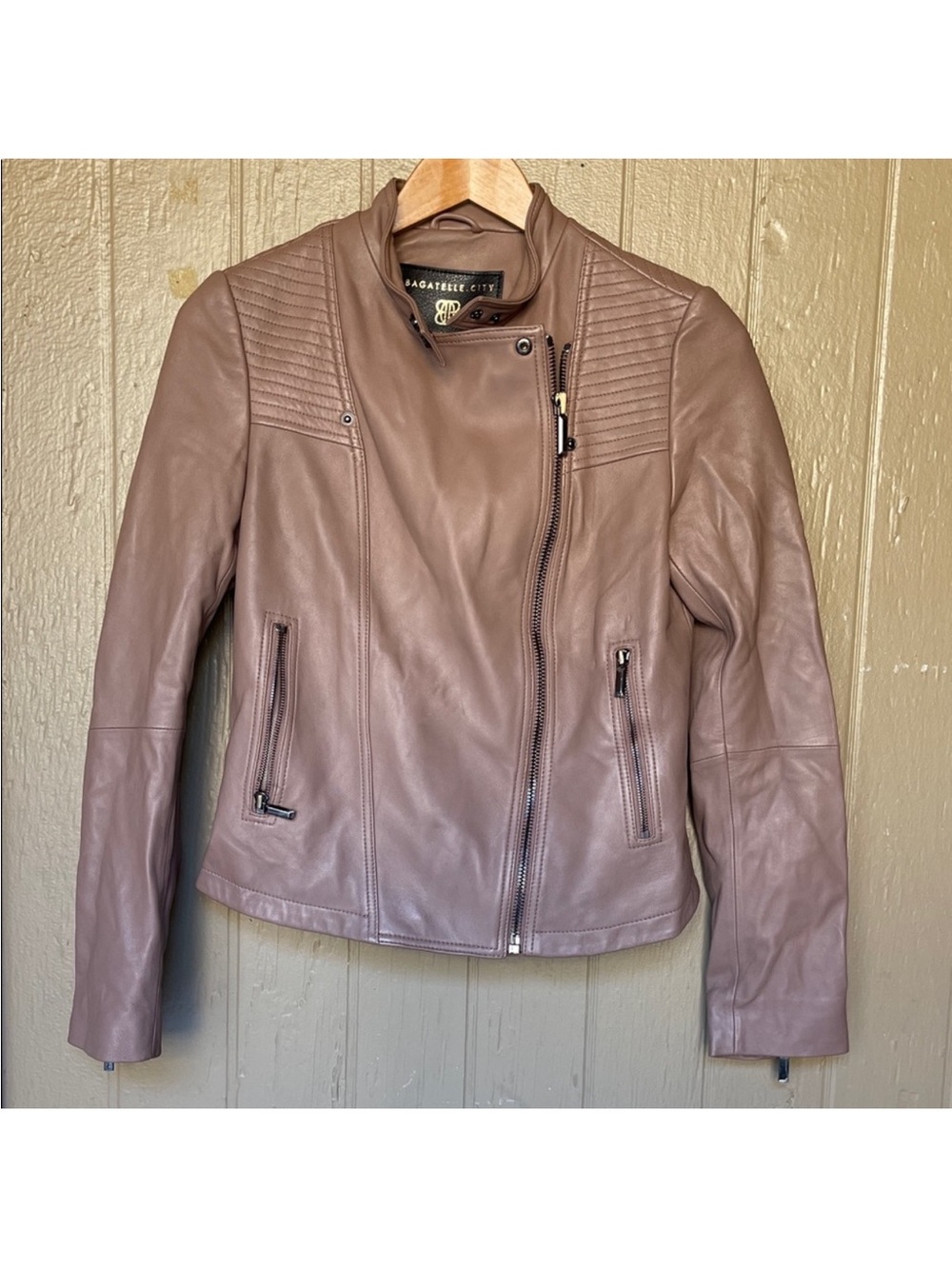Bagatelle Taupe Leather Moto Jacket Size S
